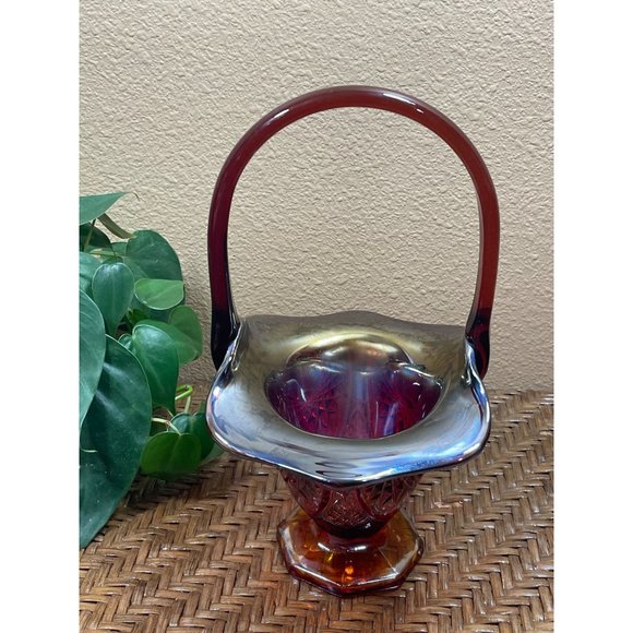 Vintage Indiana Carnival Glass Footed  Basket Iridescent Heirloom Sunset - Picture 2 of 11